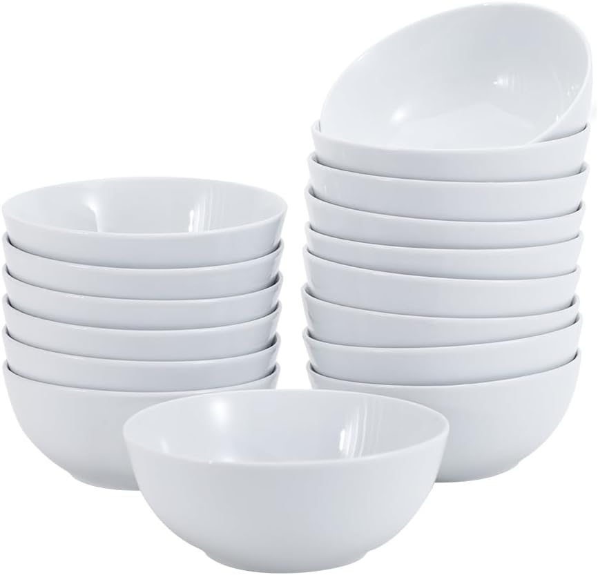 Amazon Basics 16-Pack White Porcelain Coupe Bowl  5.9" diameter  Round  Microwave-safe  Commercial-grade