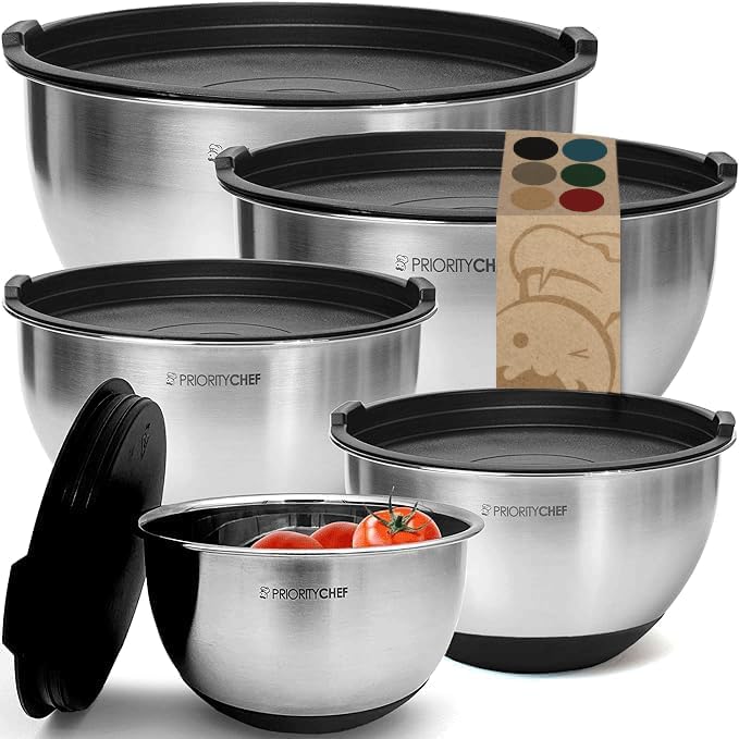 Priority Chef Premium Mixing Bowls With Lids Set  Airtight Lids  Thicker Stainless Steel  Non-Slip Base  5 Nesting Steel Bowls for Kitchen  Large Prep Metal Bowl Set 1.5/2/3/4/5 Qt  Black