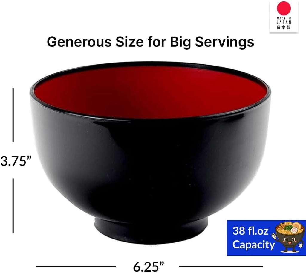 JapanBargain  Authentic Japanese Plastic Ramen Bowl  Black and Red Lacquered Style Noodle Soup Bowl  Made in Japan  Food Safe BPA Free  Microwave and Dishwasher Safe  38 oz