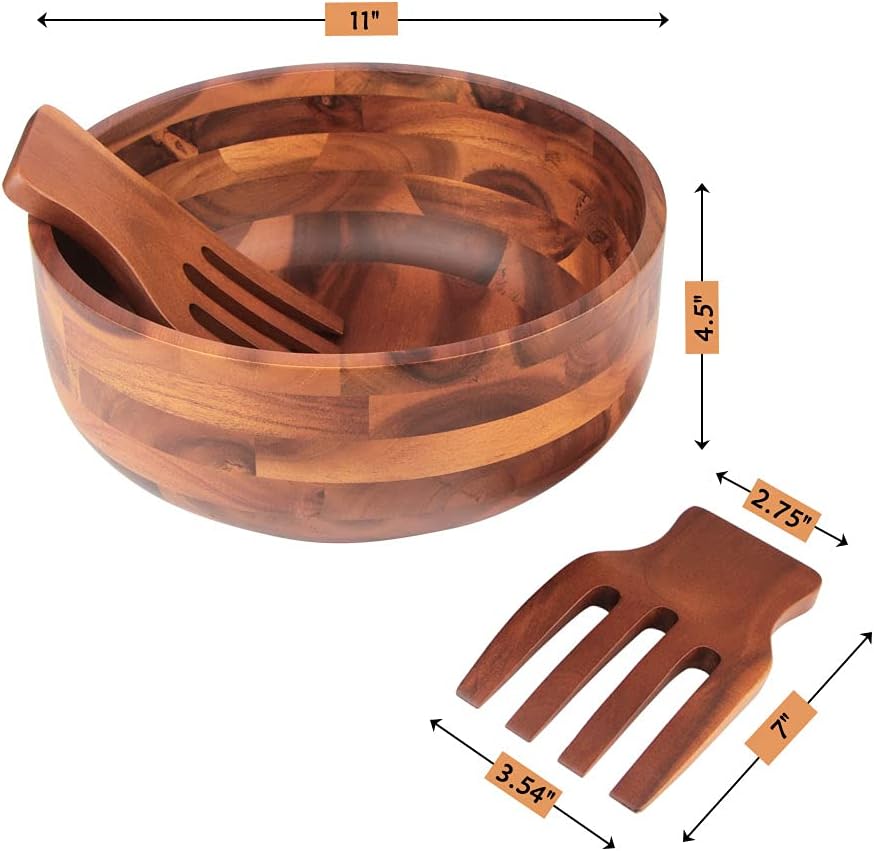 AIDEA Acacia Wood Salad Bowl Set with 2 Wooden Hands  Large Salad Bowl with Serving Utensils  Big Mixing Bowl for Fruits  Salad  Cereal  Corn flake Pasta 11" Diameter x 4.5" Height
