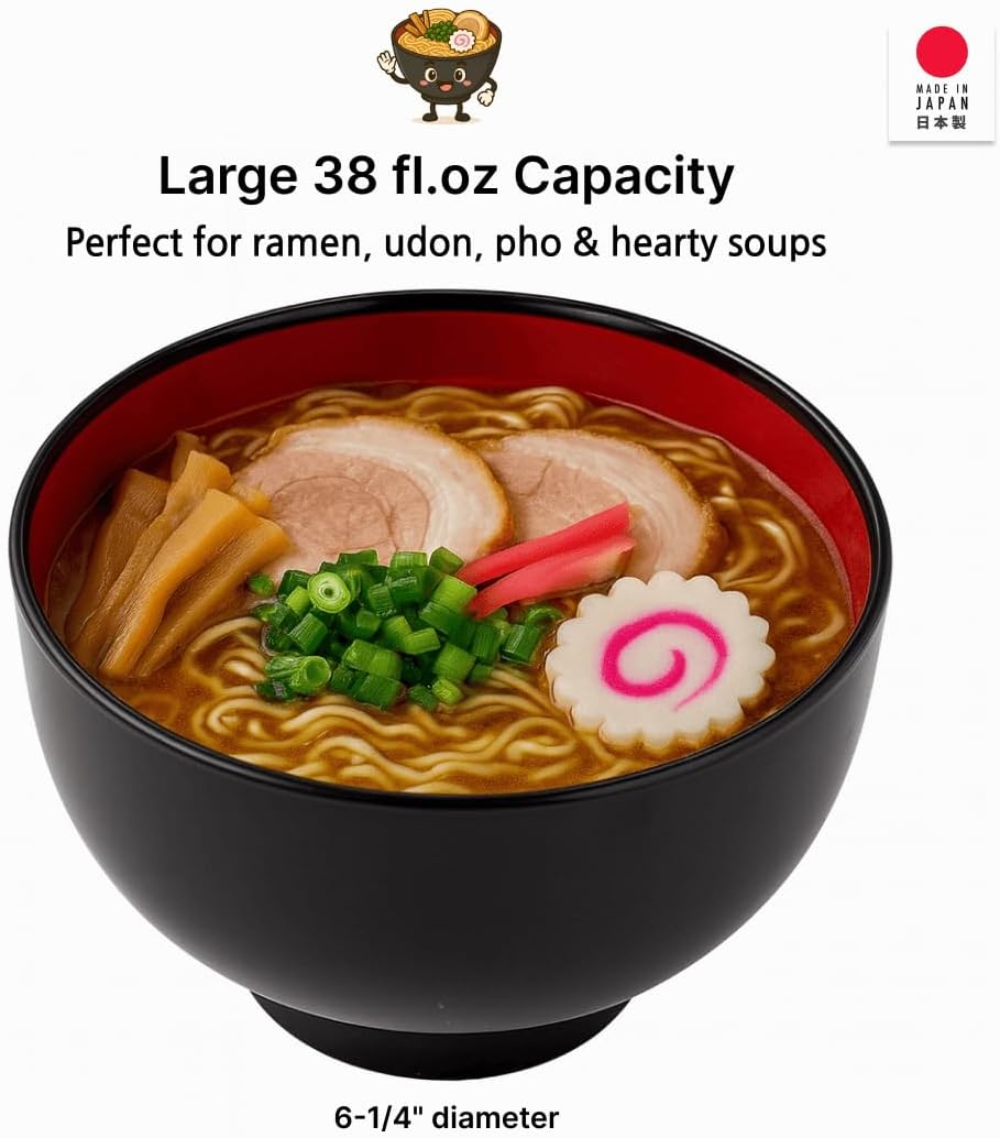 JapanBargain  Authentic Japanese Plastic Ramen Bowl  Black and Red Lacquered Style Noodle Soup Bowl  Made in Japan  Food Safe BPA Free  Microwave and Dishwasher Safe  38 oz