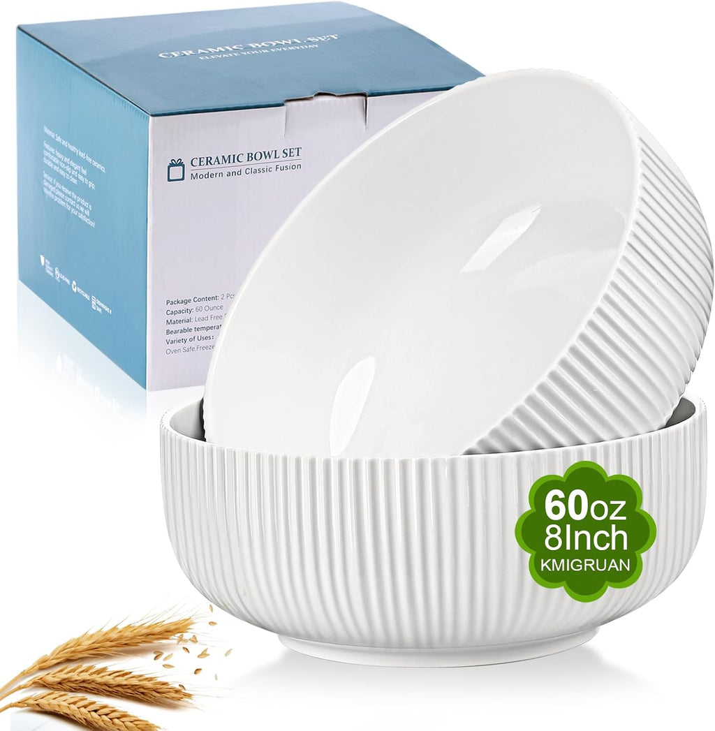 60oz Salad Bowl Set 2 Pack Serving Bowls for Entertaining 8inch Large White Ceramic Bowl for Side Dishes Soup  Pho  Cereal  Pasta  Fruit  Microwave and Dishwasher Safe