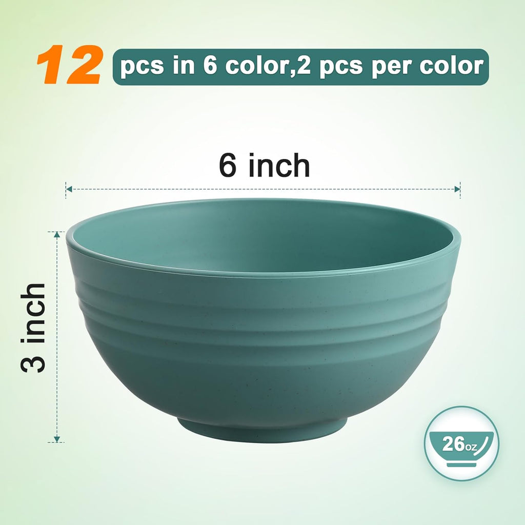 12 Pcs Unbreakable Cereal Bowls Set  26 Oz Wheat Straw Bowls Set  Microwave & Dishwasher Safe Rice Bowls for Kitchen  Reusable Plastic Bowls for Soup  Salad and Snack  BPA Free  Multicolor