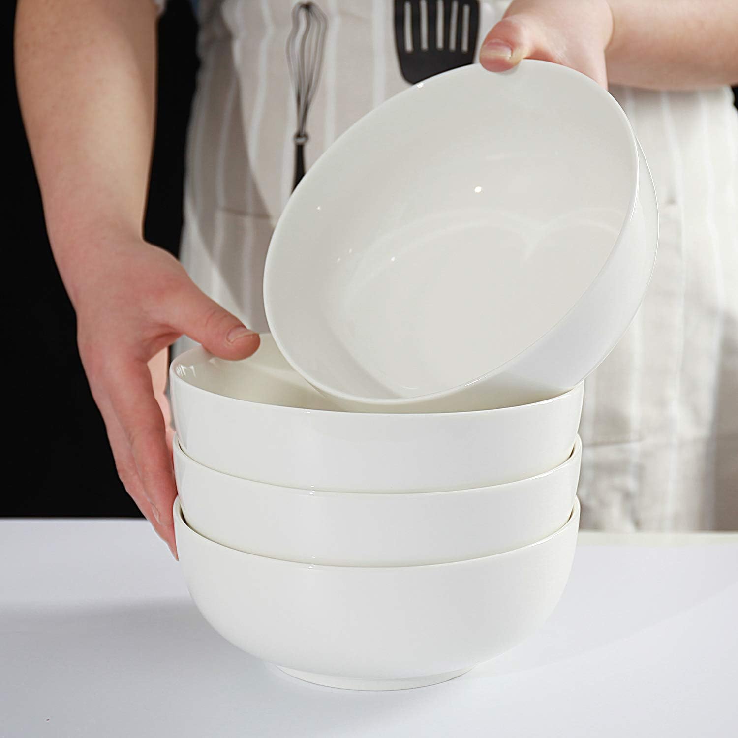 32 Ounce Large Cereal Bowls  Salad Bowls  Pasta Bowls  Soup Bowls  Pho Bowls  Chunni Durable Porcelain White Bowls Set of 4