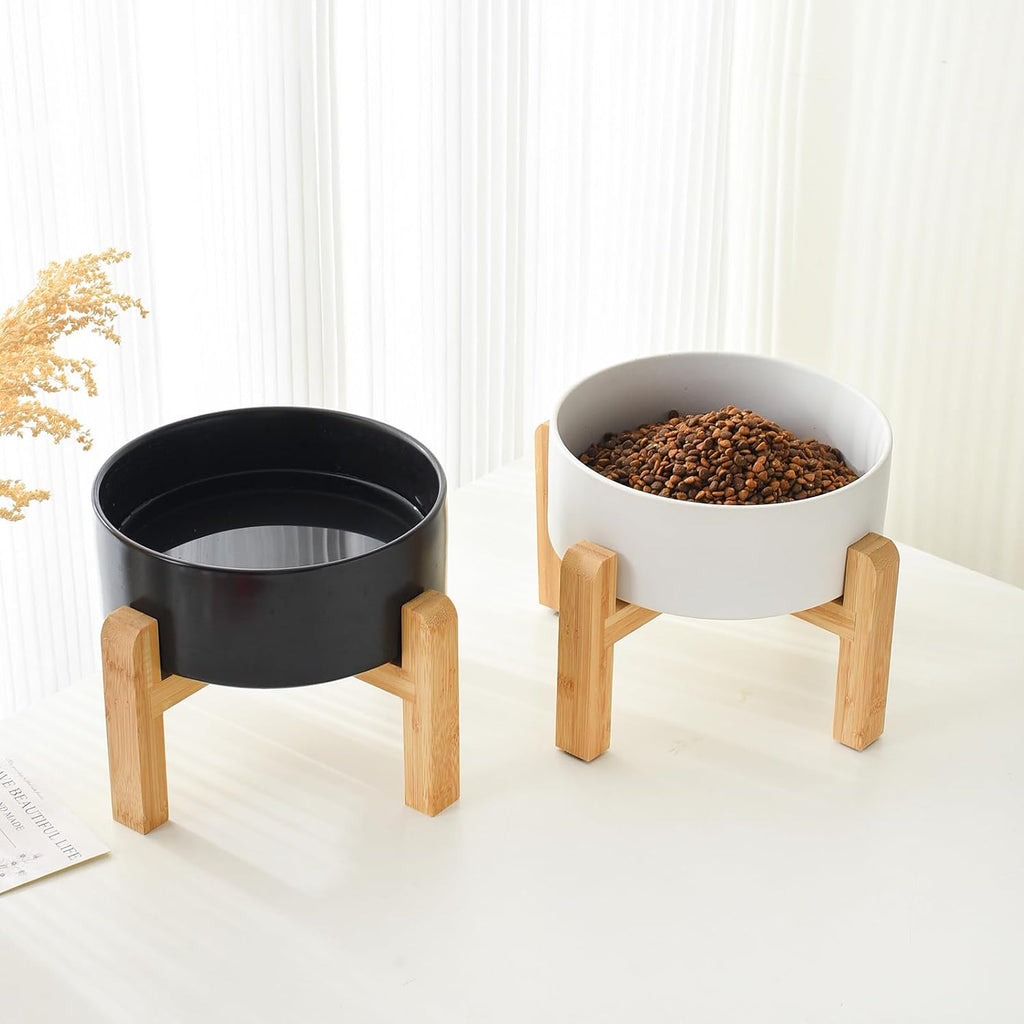 6'' Ceramic Raised Dog Bowl - 30Oz Dog Food & Water Bowl with Elevated Non-Slip Bamboo Stand  Dishwasher & Microwave Safe  Anti Vomiting Heavy Duty Pet Bowl for Small and Medium Dogs  Black