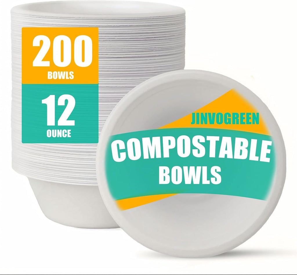 200 Count 12 oz Paper Bowls  Disposable Compostable Bowls Bulk  Heavy Duty Biodegradable Bagasse Bowl for Snacks  Soup  and Salads  White