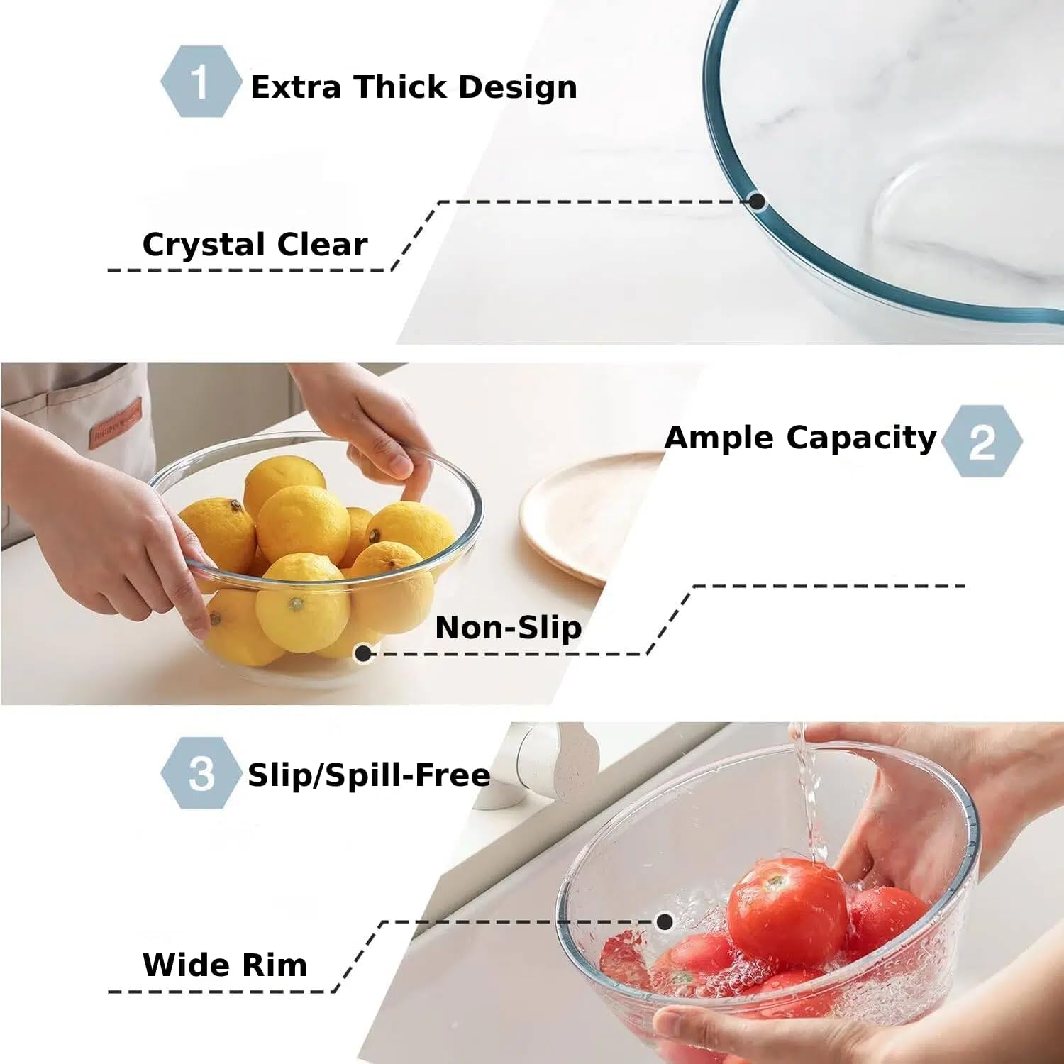 5pc Glass Mixing Bowls Sets (4.65QT  2.80QT  1.64QT  1.16QT  0.85QT)  Glass Nesting Kitchen Thick Bowl for Baking  Cooking Prep  Storage  Large Salad Bowls Sets-Dishwasher Microwave Freezer Safe