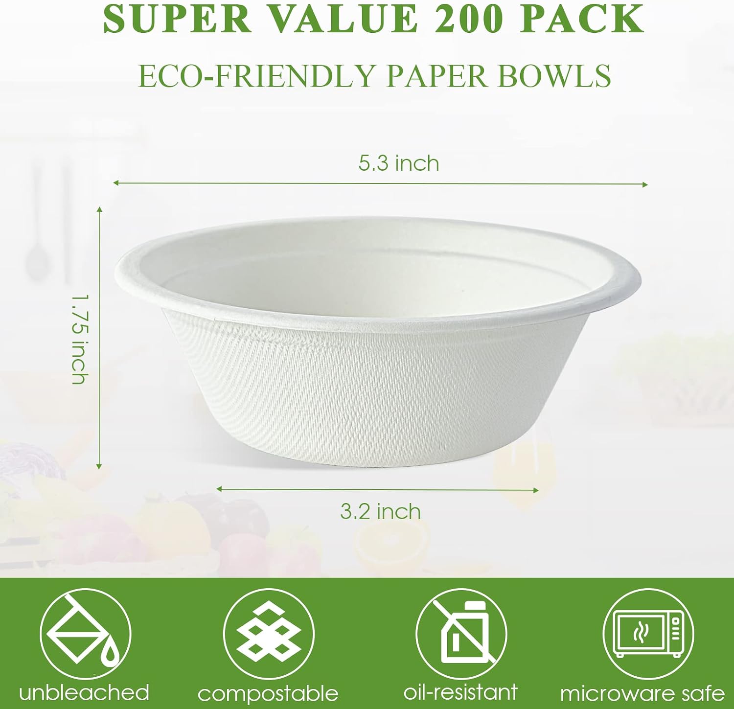 Vplus 200 Pack 12 OZ Paper Bowls  Disposable Compostable Bowls Bulk  Eco-friendly Bagasse Bowls  Heavy-duty Bowls Perfect for Milk Cereals  Snacks  Salads