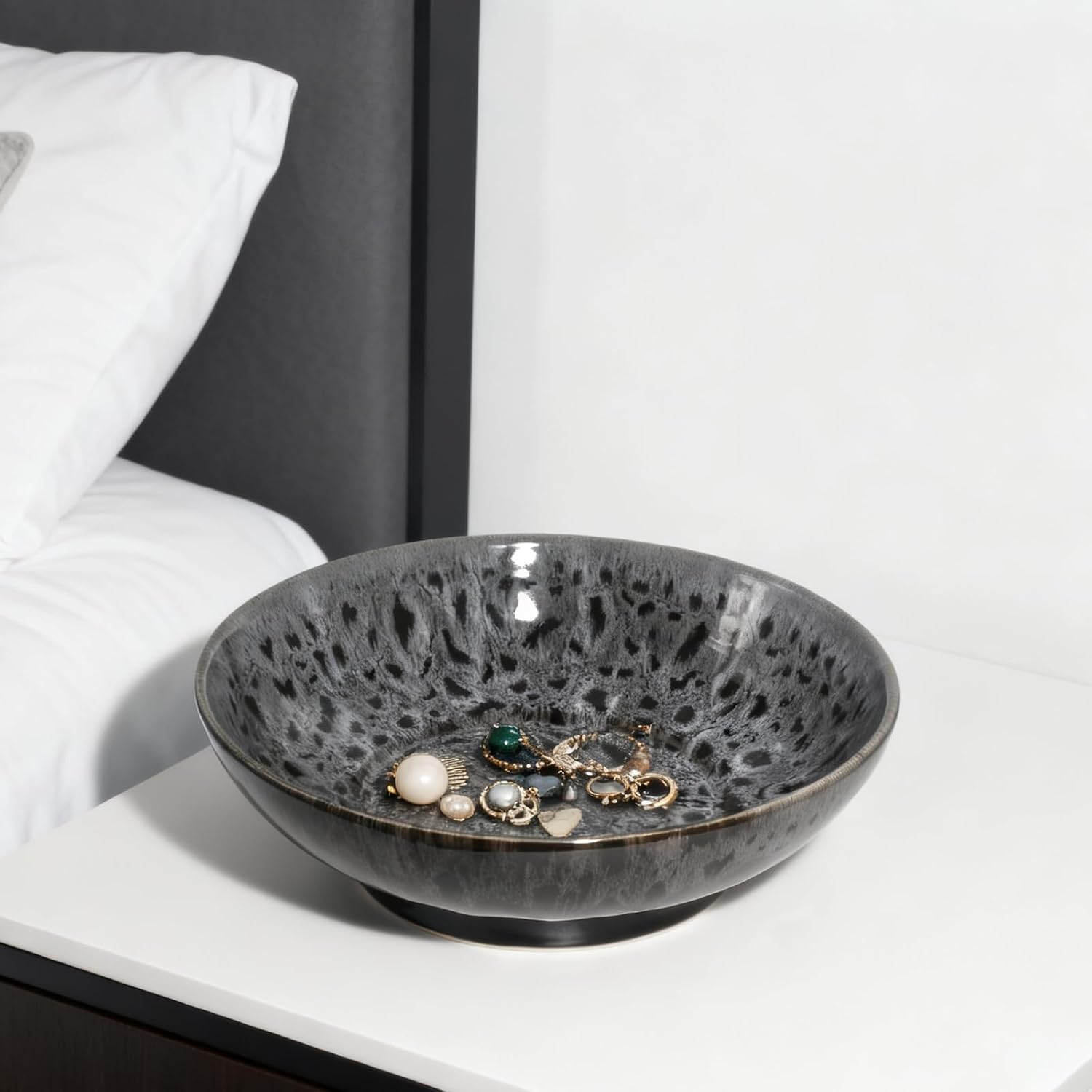 Ceramic Fruit Bowl 10.2" Decorative Bowl  Large Fruit Bowl for Kitchen Counter  Pedestal Bowl  Kitchen Counter Décor  Bread Candy Snacks Organizer(Black Gray)