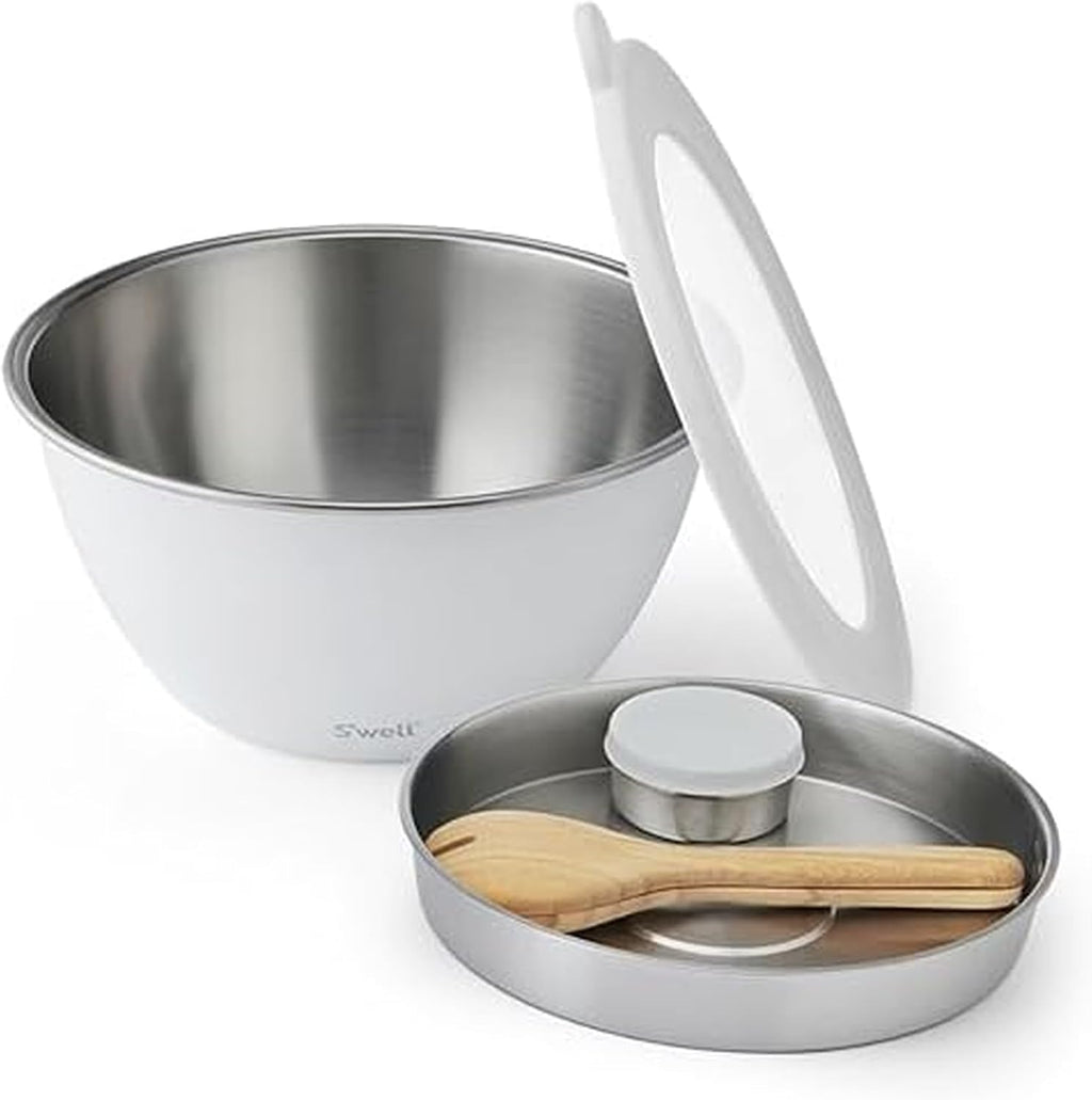 S'well Stainless Steel Salad Bowl Kit XL 184oz  Angel Food  Includes 5oz Canister For Dressing  Serving Utensils  and Removable Tray  Leakproof  Easy to Clean  Dishwasher and Refrigerator Safe