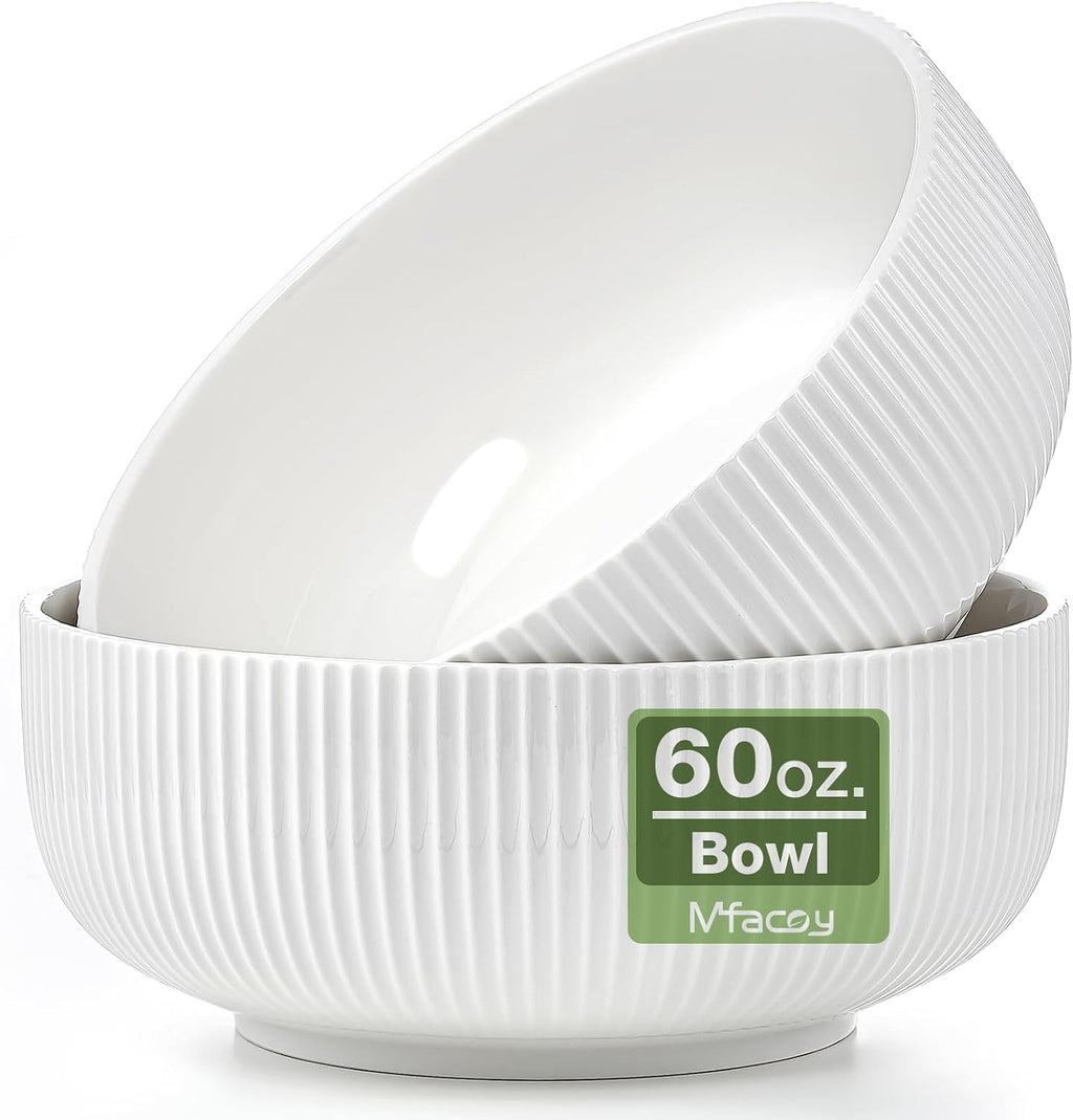 Mfacoy 2 Pack Salad Bowl  8 inch 60 oz Large Serving Bowl Set  Deep Bowl for Kitchen  White Ceramic Bowl Set for Soup  Cereal  Ramen  Pasta  Salad  Dishwasher & Microwave Safe  Easy Clean