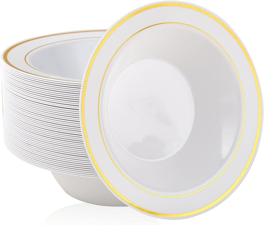 JOLLY PARTY 50PCS Plastic Bowls with Gold Rim-12oz disposable Soup Bowls  Christmas Thanksgiving Premium Dessert Salad Bowl for Wedding/Party