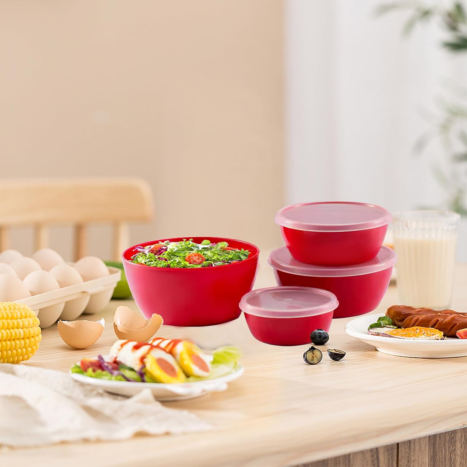 4-Piece Classic Plastic Prep Bowls with Lids  Nesting Plastic Small Mixing Bowl Set for Mixing  Baking  Prepping  Cooking and Serving Food  Microwave and Dishwasher Safe (Red)