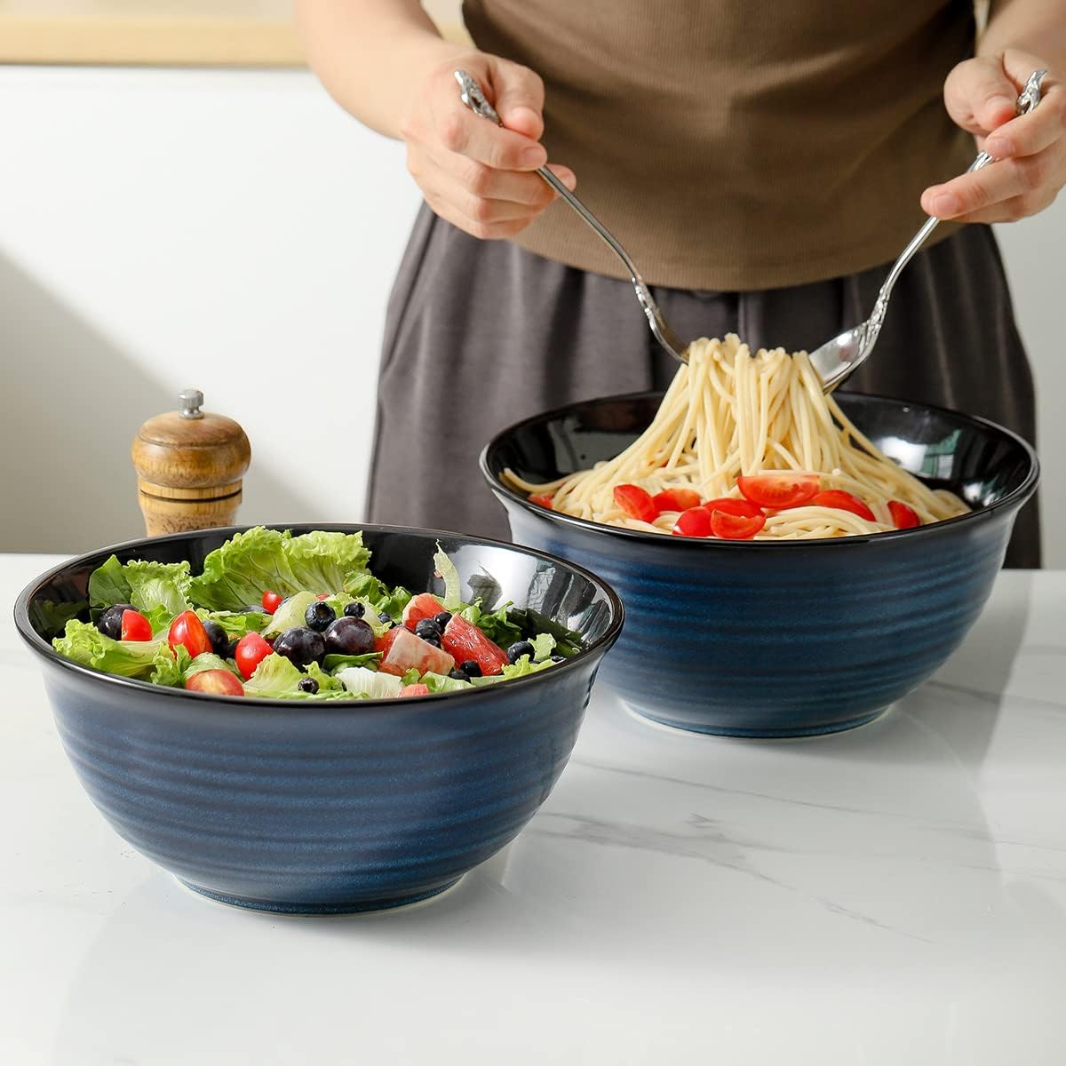 HASENSE Ceramic Serving Bowls  9 Inch Large Salad Bowls for Kitchen  84 Ounce Mixing Bowl Set of 2  Ideal for Soup Pho Pasta Popcorn  Dishwasher & Microwave Safe(Blue)
