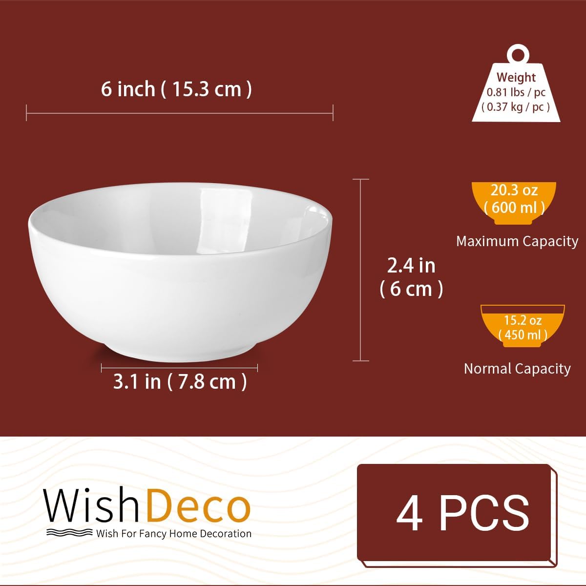 Cereal Bowls Set of 4  White Soup Bowls 20 oz  Ceramic Breakfast Bowl 6 Inch  Kitchen Bowl for Salad  Pasta  Ramen  Oatmeal  Noodle  Rice  Microwave and Dishwasher Safe