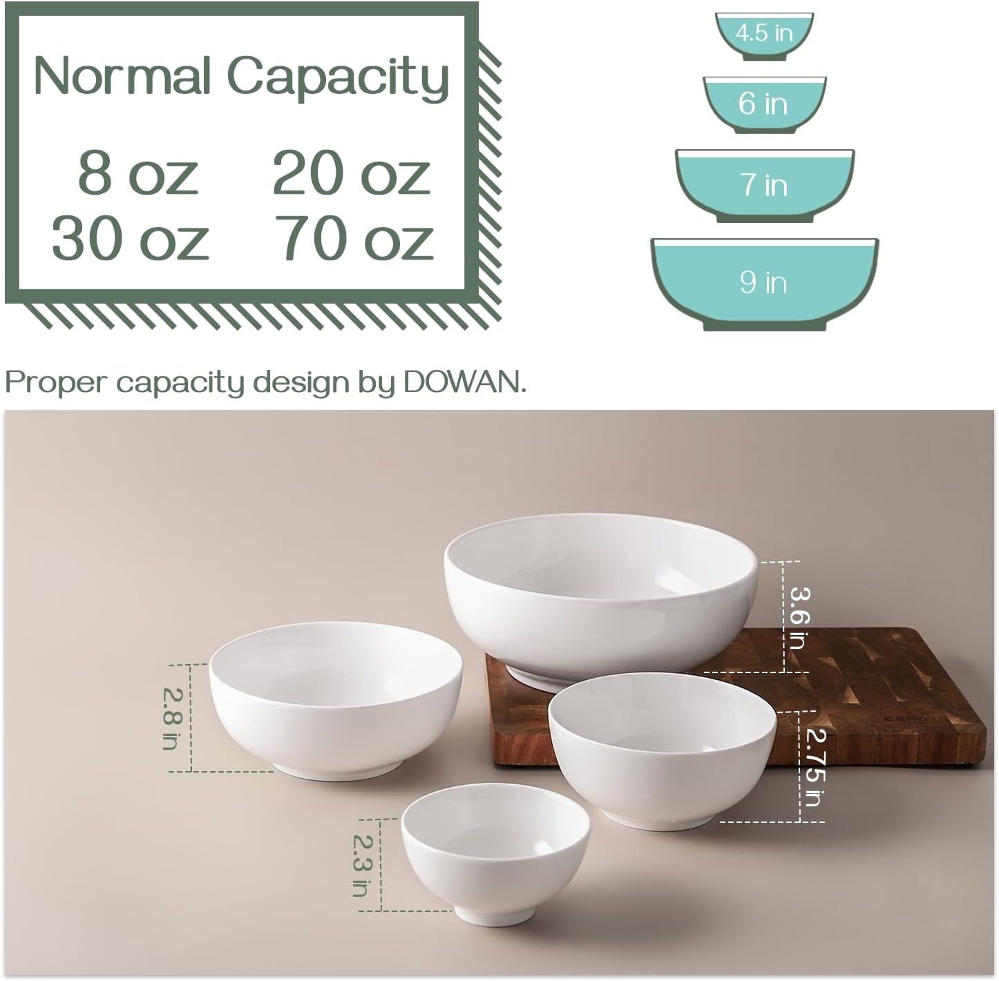 DOWAN Serving Bowls  Mixing Bowl Set  70/30/20/8 Ounces Mixing Bowls for Kitchen  Soft White Serving Set  Serving Bowls Set of 4  Ceramic Bowl Sets for Eating Different Sizes