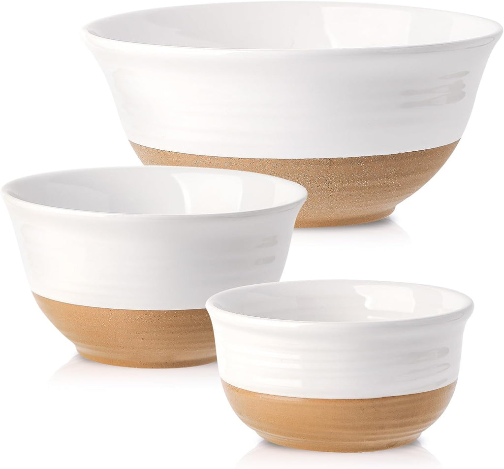HASENSE Serving Bowls Ceramic Mixing Bowls  Large Salad Pasta Bowls Set  2.1/1.0/0.5 Qt for Entertaining  White Nesting Batter Bowls for Prepping Baking  Dishwasher Microwave Safe  Set of 3