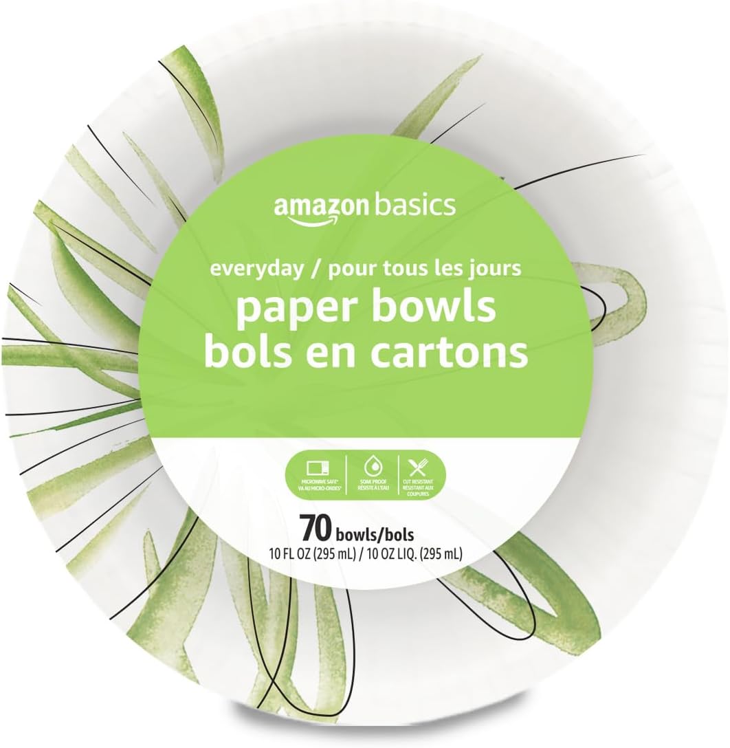 Amazon Basics Everyday Paper Bowls  10 Oz  Disposable  70 Count  White