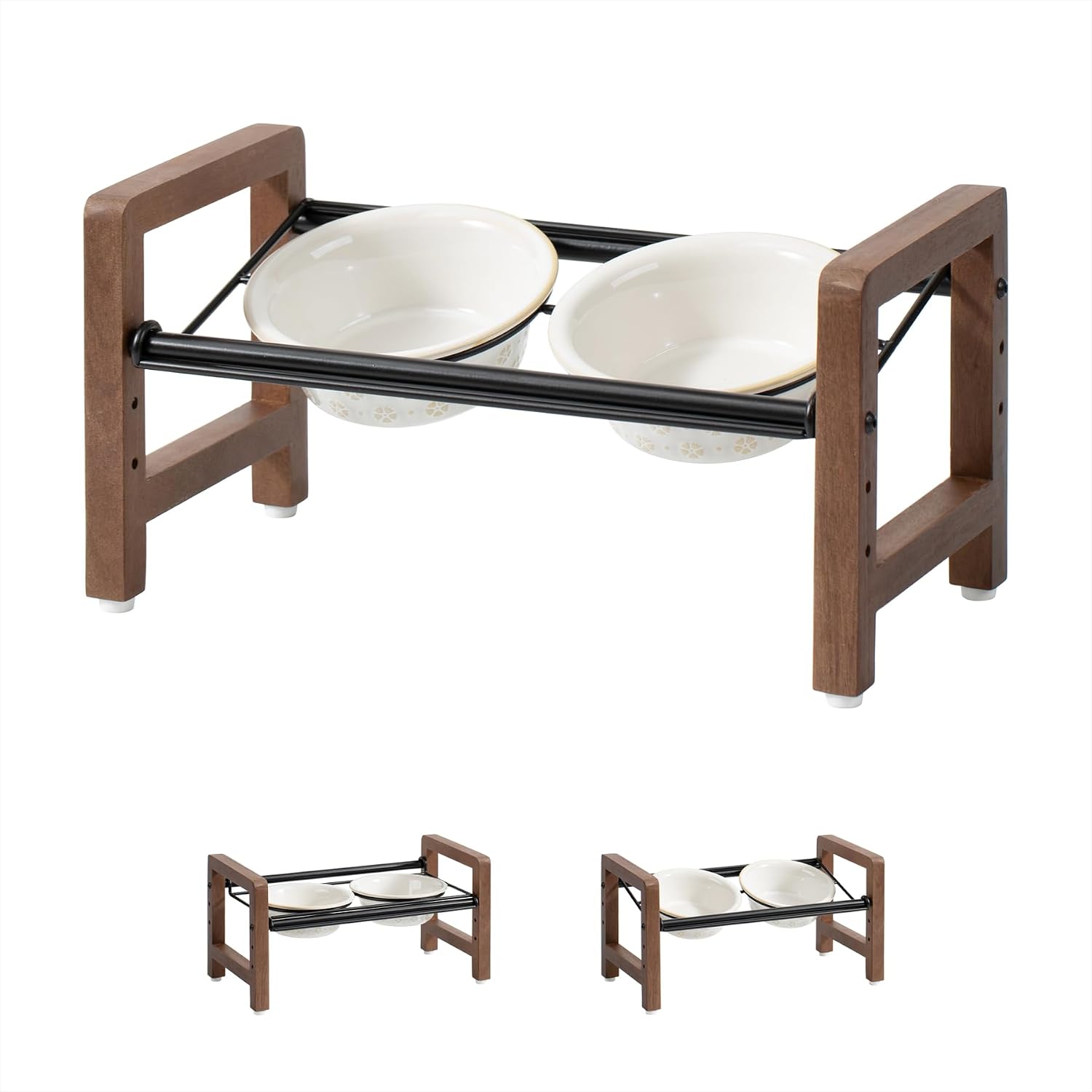 6.3inch Ceramic Adjustable Raised Double Bowls Set with Stand  3 Heights Elevated  2 Placement Options Food and Water Bowls for Adult Cat Small and Medium Dog(Reactived Glaze -White)