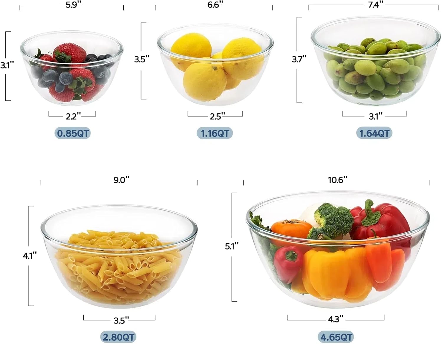 5pc Glass Mixing Bowls Sets (4.65QT  2.80QT  1.64QT  1.16QT  0.85QT)  Glass Nesting Kitchen Thick Bowl for Baking  Cooking Prep  Storage  Large Salad Bowls Sets-Dishwasher Microwave Freezer Safe