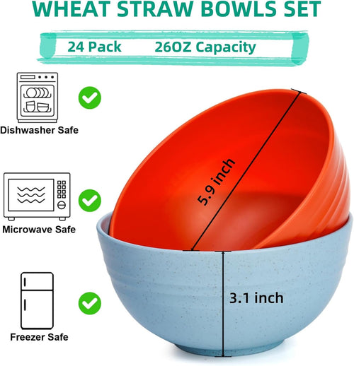 24 Pack Cereal Bowl  Unbreakable Wheat Straw Bowls  26 Oz Soup and Salad Bowl  Lightweight Kitchen Bowl Set  Plastic Bowls for Oatmeal  Ramen  Microwave and Dishwasher Safe