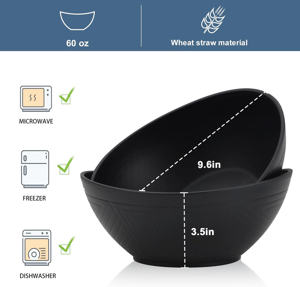 Wrova 65oz Big Wheat Straw Bowls - Large Salad Bowls set of 6 - Unbreakable Serving Bowls - Microwave & Dishwasher Safe - Oval Bowls for Cereal Salad Fruit - Pure Black