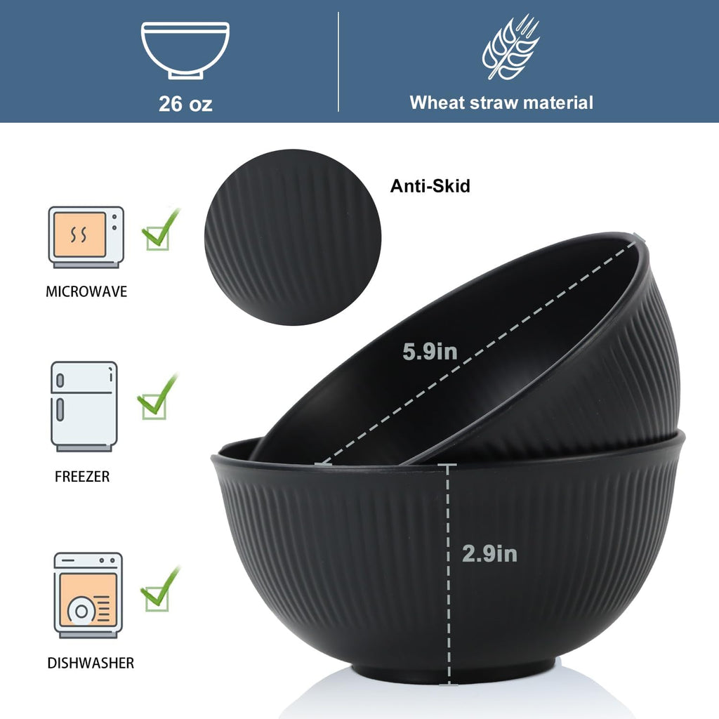 Wrova Wheat Straw Bowl Sets of 8 Unbreakable Cereal Bowl 26 OZ Microwave and Dishwasher Safe Bowls Salad Bowl suitable for Cereal Salad Snack and Soup. Winter-Pure Black