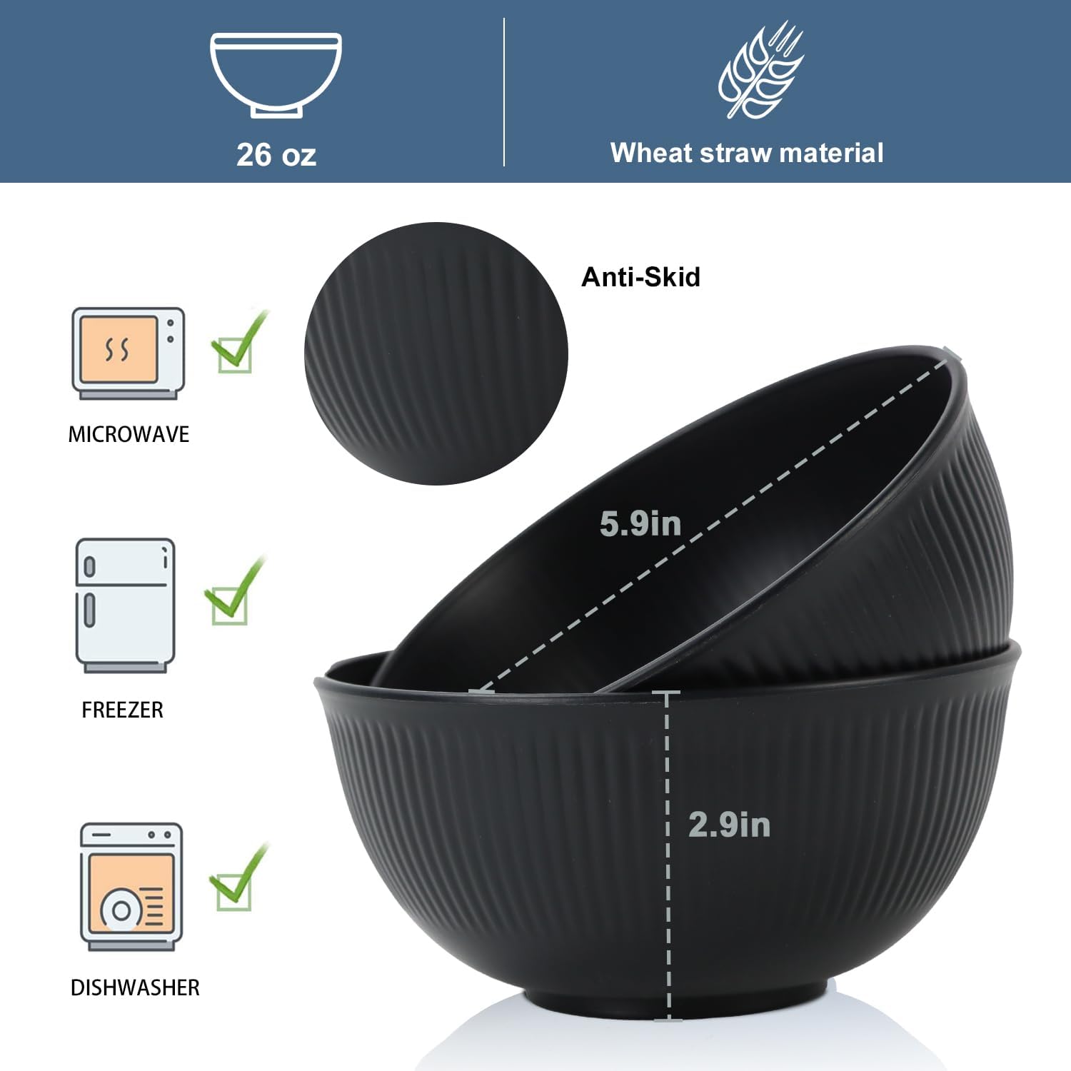 Wrova Wheat Straw Bowl Sets of 8 Unbreakable Cereal Bowl 26 OZ Microwave and Dishwasher Safe Bowls Salad Bowl suitable for Cereal Salad Snack and Soup. Winter-Pure Black