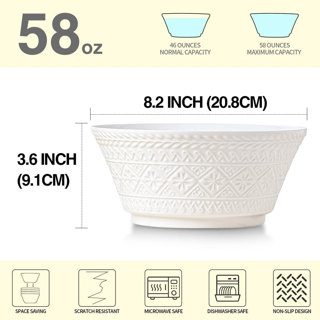 Yeacccng Deep Soup Bowls Set of 4  58oz Large Cereal Bowls  Large Soup Bowl for Kitchen  8.2 Inch Embossment Decorative Bowls  Dishwasher & Microwave Safe  Scratch-Resistant  Lead-Free  Easy Clean