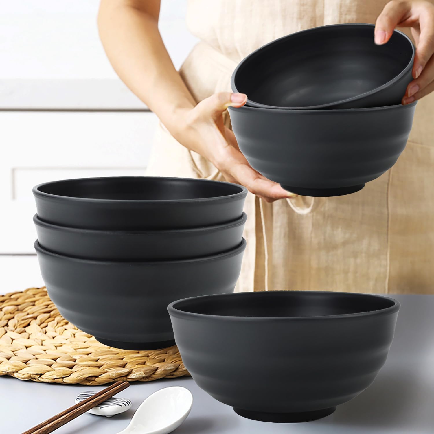 Wheat Straw Bowls Unbreakable Large Salad Bowls 60 OZ Set of 6  Microwave and Dishwasher Safe Large Plastic Bowl  Big Bowl for Eating  Serving Soup  Ramen  Popcorn (Black)