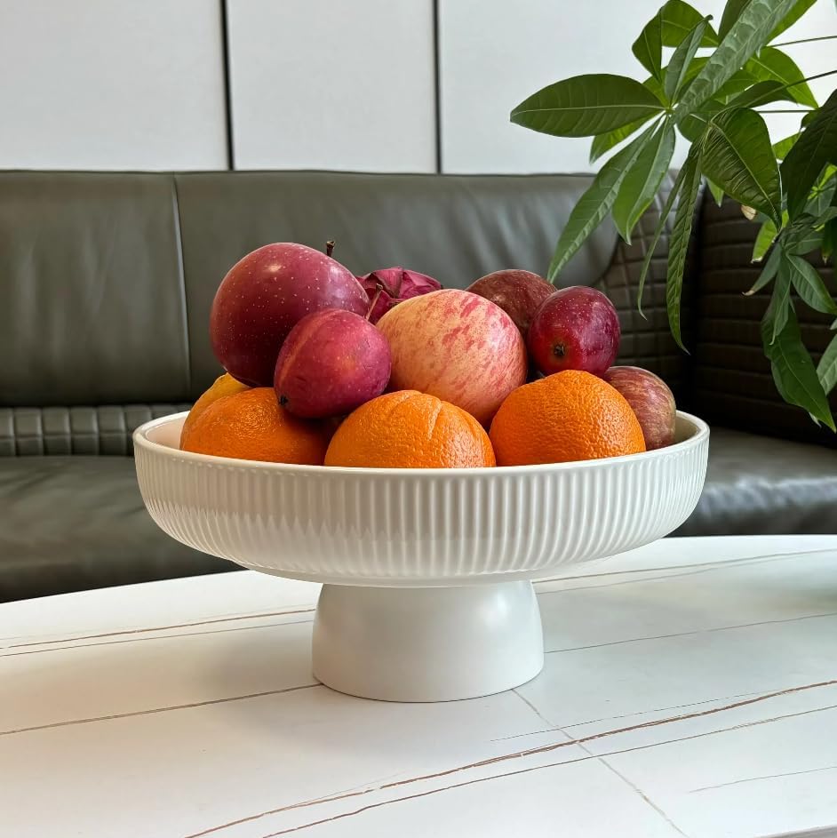 Ceramic Fruit Bowl 11" Decorative Bowl  Large Fruit Bowl for Kitchen Counter  Pedestal Bowl  Kitchen Counter Décor  Bread Candy Snacks Organizer  White (5.3 lbs  68oz)