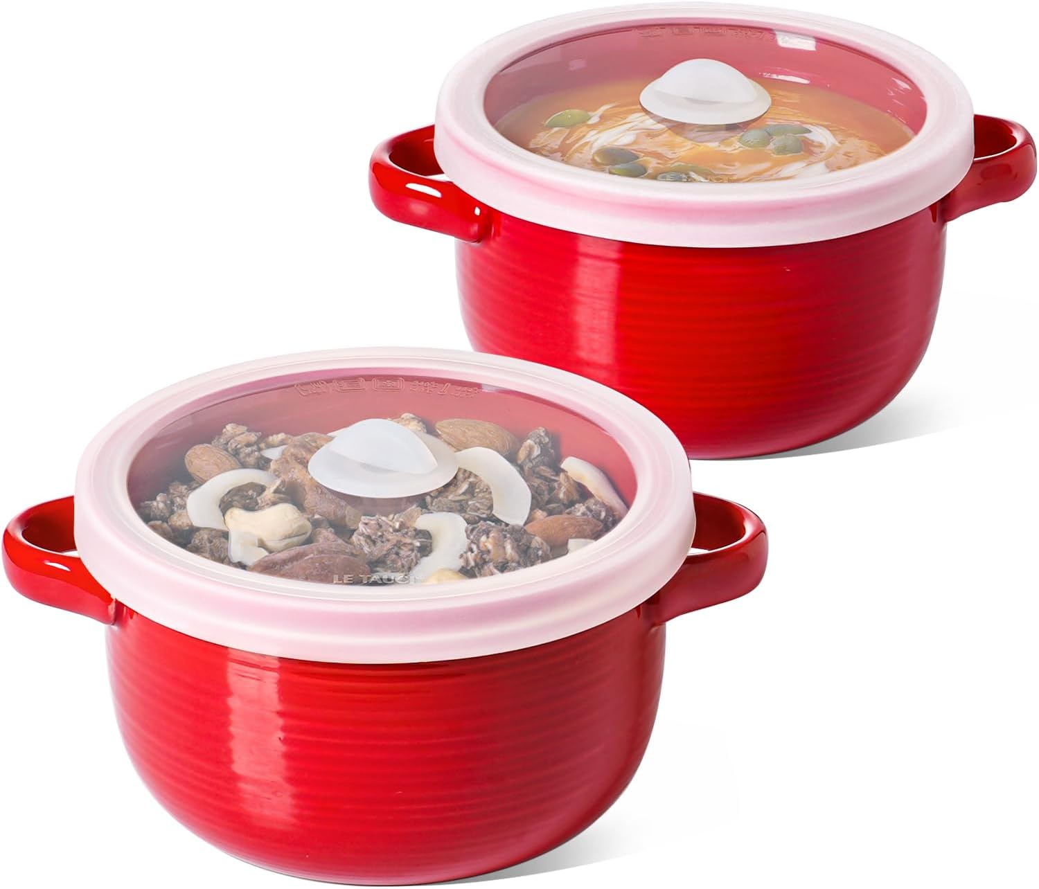 LE TAUCI Soup Bowls with Handles and Silicone Lids  28 oz Ceramic Ramen Bowl Microwavable  Oven Safe French Onion Soup Bowls for Noodles and Cereal  Lead & Cadmium Free Soup Crocks  Set of 2  Red