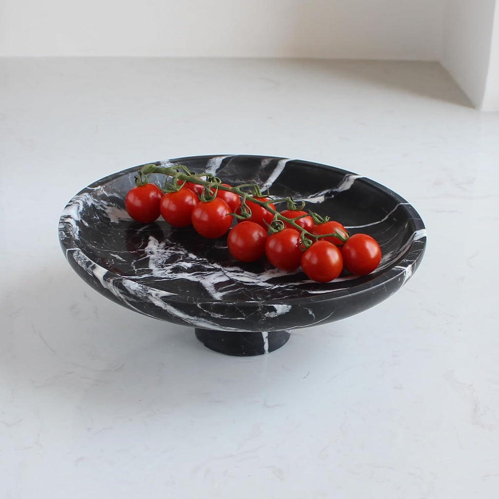 Natural Black Marble Fruit Bowl for Kitchen Counter 10.2"  Large Decorative Bowl Pedestal for Home Decor  Fruits Holder For Dining Table - Kitchen Organization