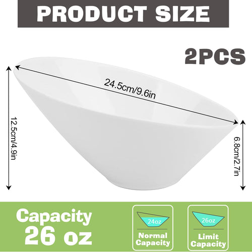 2 Pack Angled Serving Bowls 26oz /770ml Ceramic Salad Bowls Set Porcelain Serving Bowls White Slanted Bowl for Salad  Soup  Pasta  Fruit  Cereal