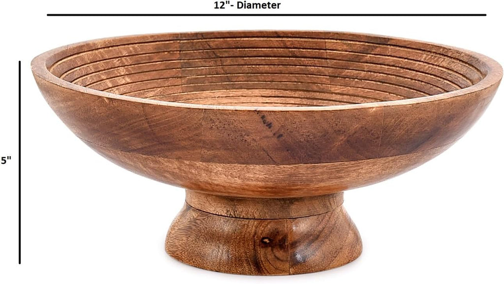 NIRMAN FRUIT BOWL Mango Wood Round Shaped Serving Bowl For Fruit Dessert Platter Tray Dish Kitchen Dining Fruit Dessert Snack (12" x 12" x 5")