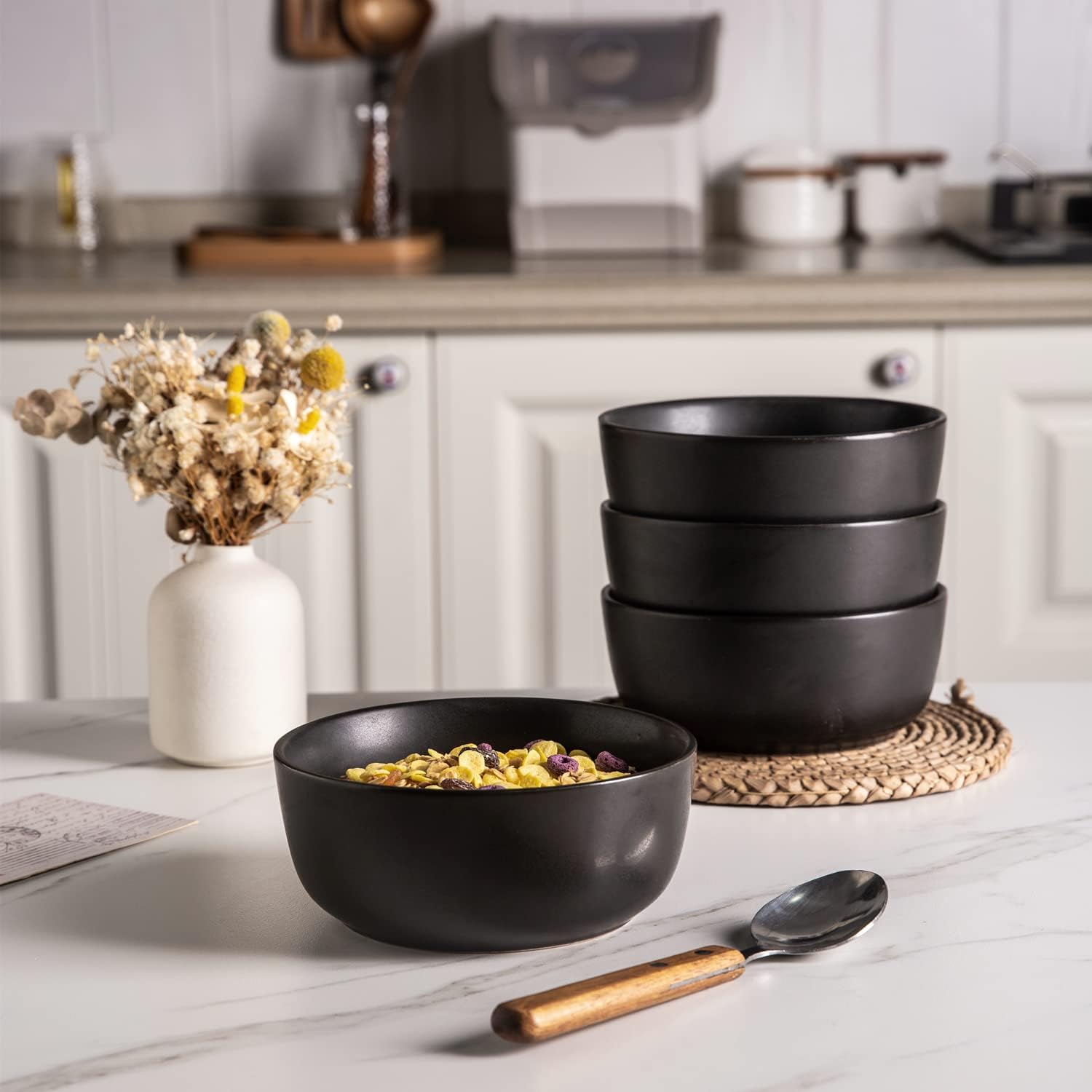 AmorArc Stoneware Cereal Bowls Set of 4  26oz Soup Bowls Set for Cereal Soup Snacks  Modern Kitchen bowls for Meal  Dishwasher &Microwave Safe  Matte Black
