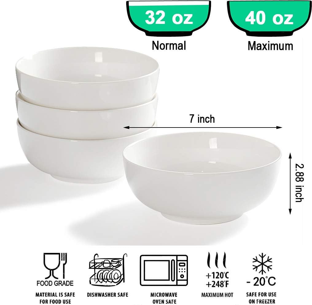 32 Ounce Large Cereal Bowls  Salad Bowls  Pasta Bowls  Soup Bowls  Pho Bowls  Chunni Durable Porcelain White Bowls Set of 4