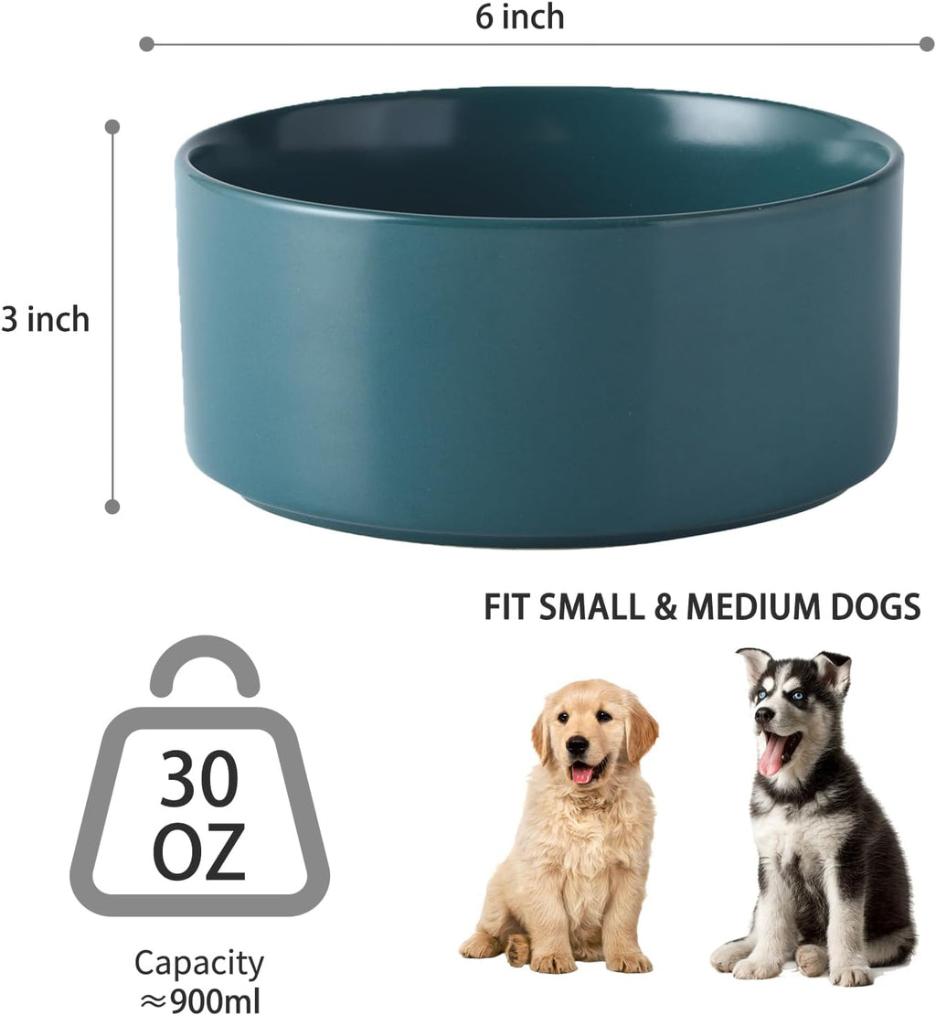 6'' Ceramic Dog Bowl - 30Oz Classic Dogs Food & Water Bowl for Small and Medium Breed Dogs  Heavy Duty Non-Slip Dog Dishes  Food Grade Stoneware Pet Bowl  Dishwasher & Microwave Safe  Green