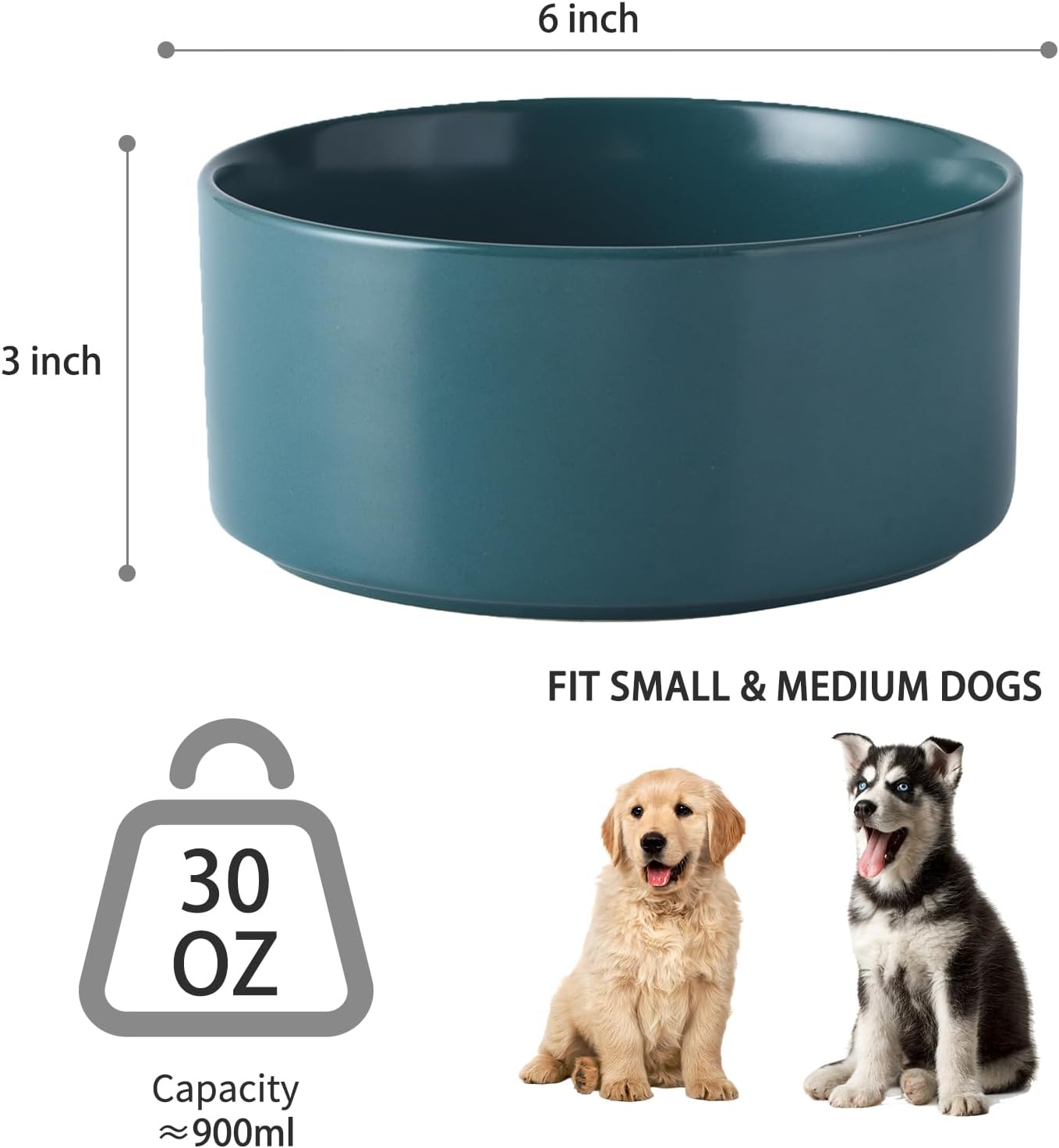 6'' Ceramic Dog Bowl - 30Oz Classic Dogs Food & Water Bowl for Small and Medium Breed Dogs  Heavy Duty Non-Slip Dog Dishes  Food Grade Stoneware Pet Bowl  Dishwasher & Microwave Safe  Green