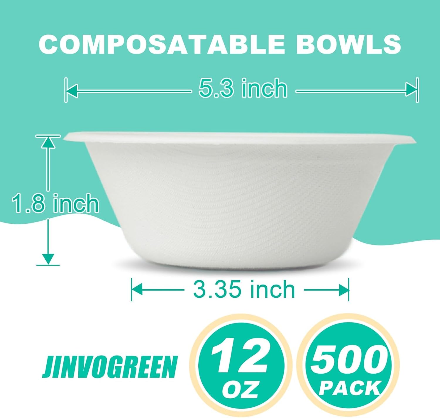 500 Count 12 oz Paper Bowls  Disposable Compostable Bowls Bulk  Heavy Duty Biodegradable Bagasse Bowl for Snacks  Soup  and Salads  White