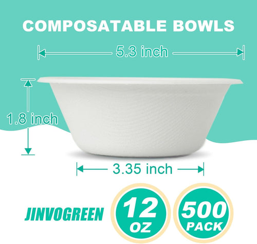 500 Count 12 oz Paper Bowls  Disposable Compostable Bowls Bulk  Heavy Duty Biodegradable Bagasse Bowl for Snacks  Soup  and Salads  White