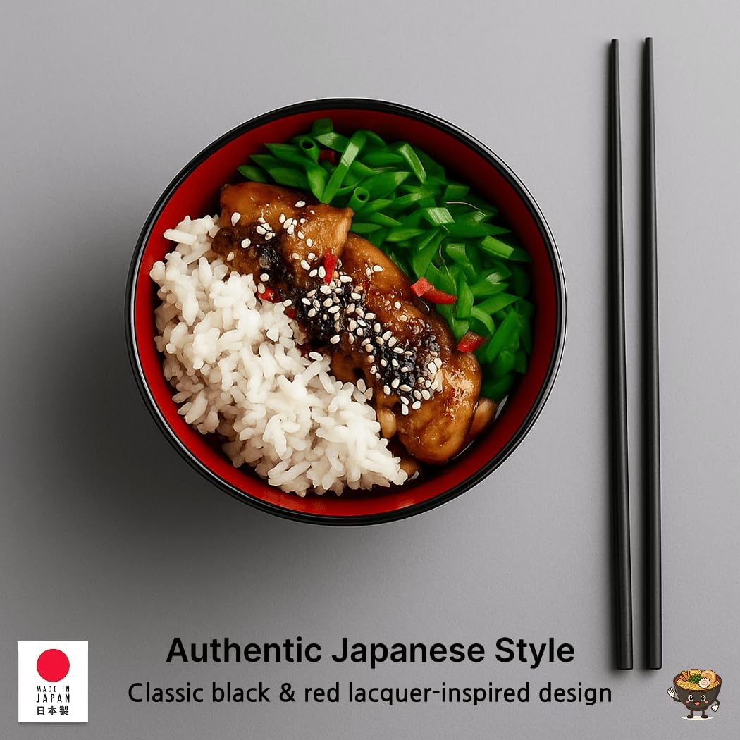 JapanBargain  Authentic Japanese Plastic Ramen Bowl  Black and Red Lacquered Style Noodle Soup Bowl  Made in Japan  Food Safe BPA Free  Microwave and Dishwasher Safe  38 oz