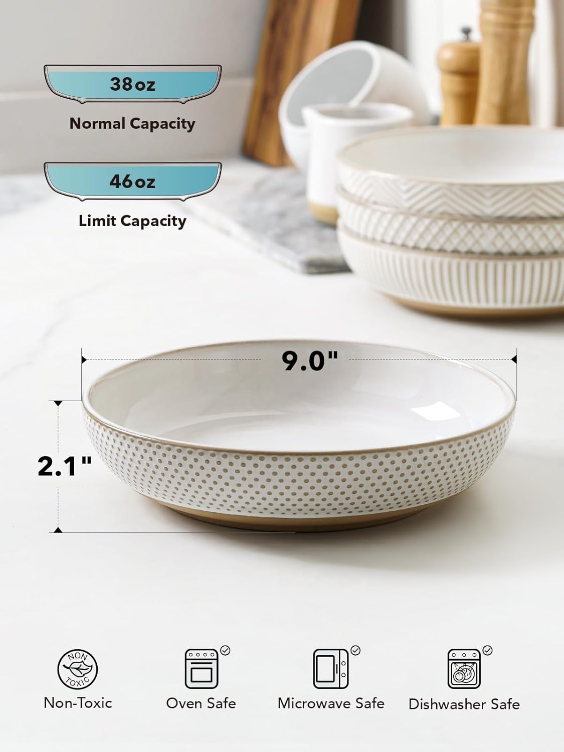 LE TAUCI Pasta Bowls 46oz  Large Salad Bowl  Ceramic Serving Plate  House-warming Wedding Present  Embossment Stoneware Bowl for Fruits  Noodle  Dinner - 9 Inch  Set of 4  Arctic White