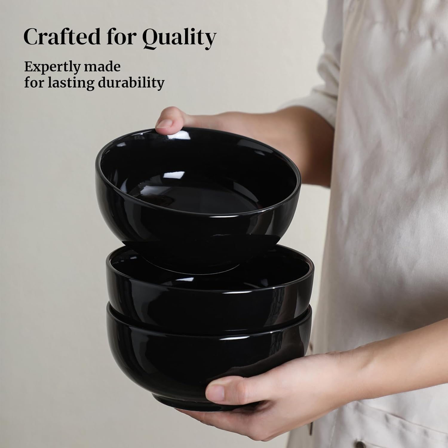 DOWAN 22 OZ Ceramic Soup Bowls & Cereal Bowls - 6" Classic Bowls Set of 4 for Soup  Cereal  Oatmeal  Fruit  Rice - Dishwasher & Microwave Safe (Black)