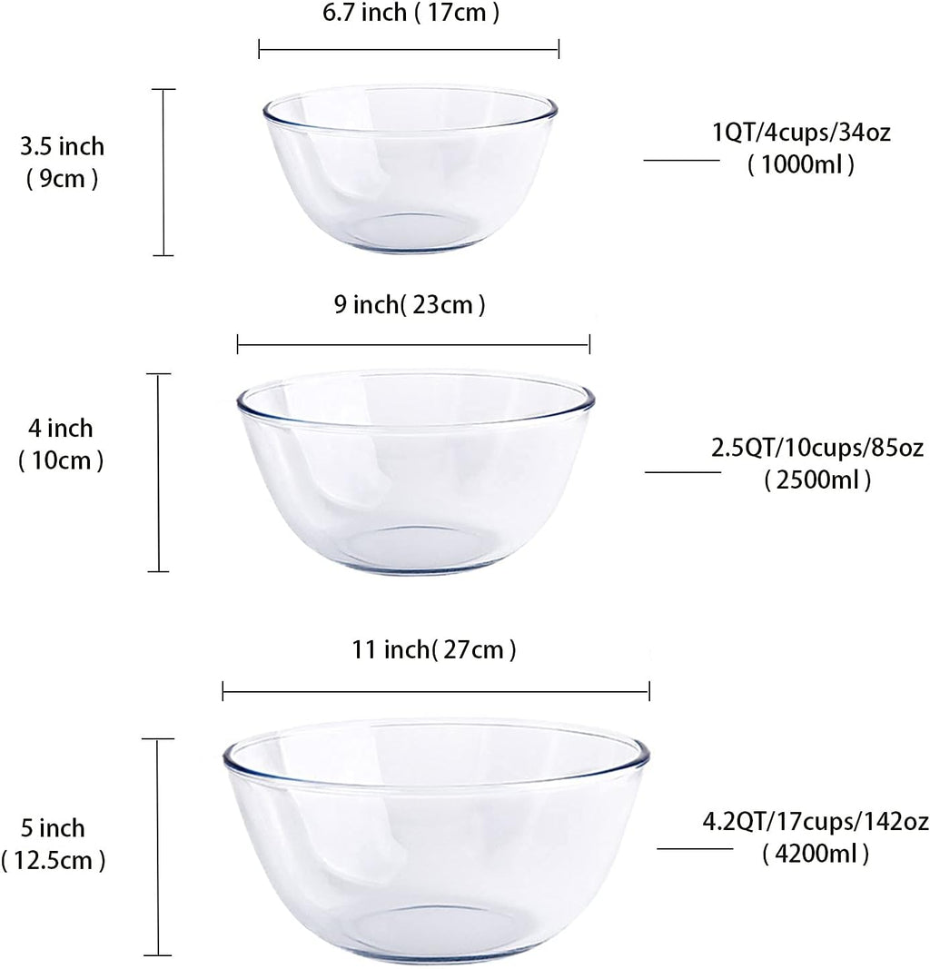 Glass Mixing Bowl Set for Baking 3-Piece Salad Bowl Set (1qt  2.5qt  4.2qt)  High Brosilicate Large Bowls for Kitchen Prepping Serving and Storage  Microwave Dishwasher Oven Safe