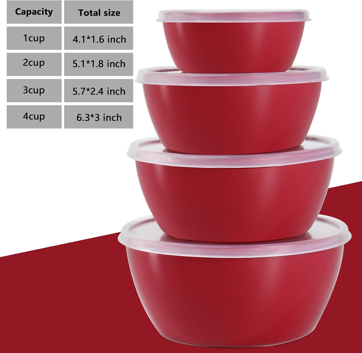 4-Piece Classic Plastic Prep Bowls with Lids  Nesting Plastic Small Mixing Bowl Set for Mixing  Baking  Prepping  Cooking and Serving Food  Microwave and Dishwasher Safe (Red)