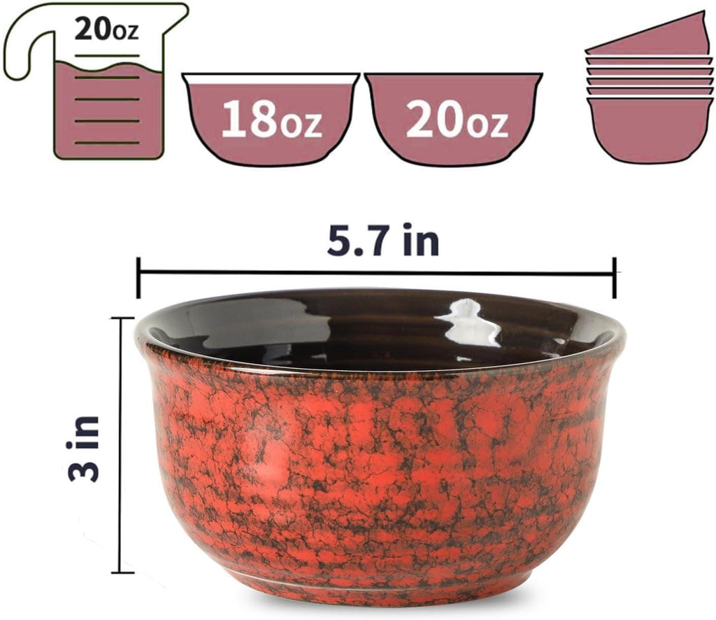 MEKY 20OZ Soup Bowls  Ceramic Cereal Bowls Set of 6  Perfect for Oatmeal Desserts Salads Rice Pasta Breakfast Stackable Serving Bowls for Daily Meals Party Gifting  Microwave & Dishwasher Safe  Red