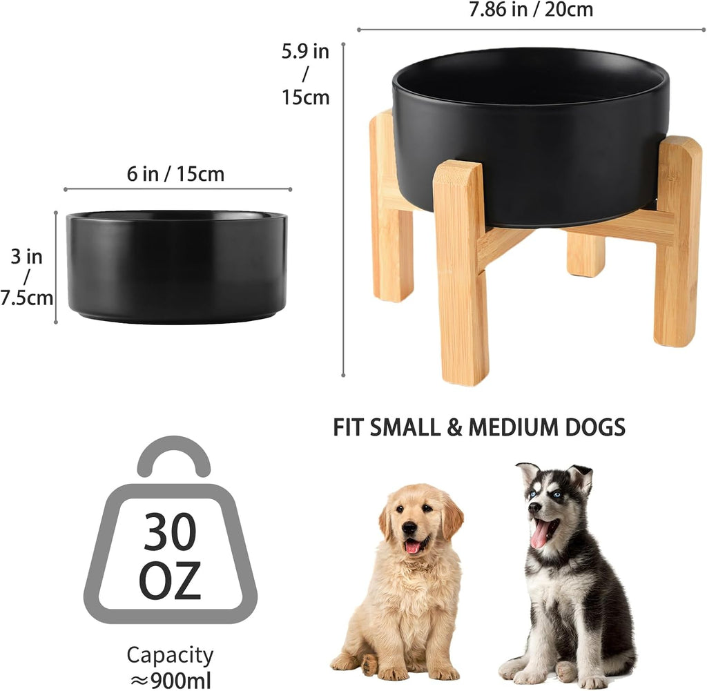 6'' Ceramic Raised Dog Bowl - 30Oz Dog Food & Water Bowl with Elevated Non-Slip Bamboo Stand  Dishwasher & Microwave Safe  Anti Vomiting Heavy Duty Pet Bowl for Small and Medium Dogs  Black