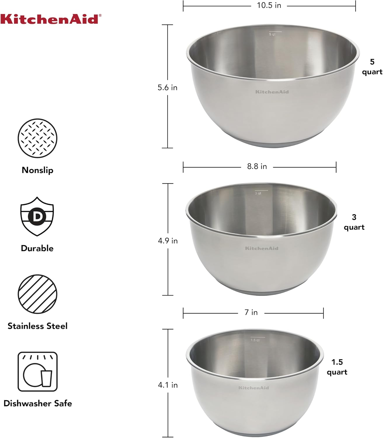 KitchenAid Stainless Steel Mixing Bowls  Set Of 3