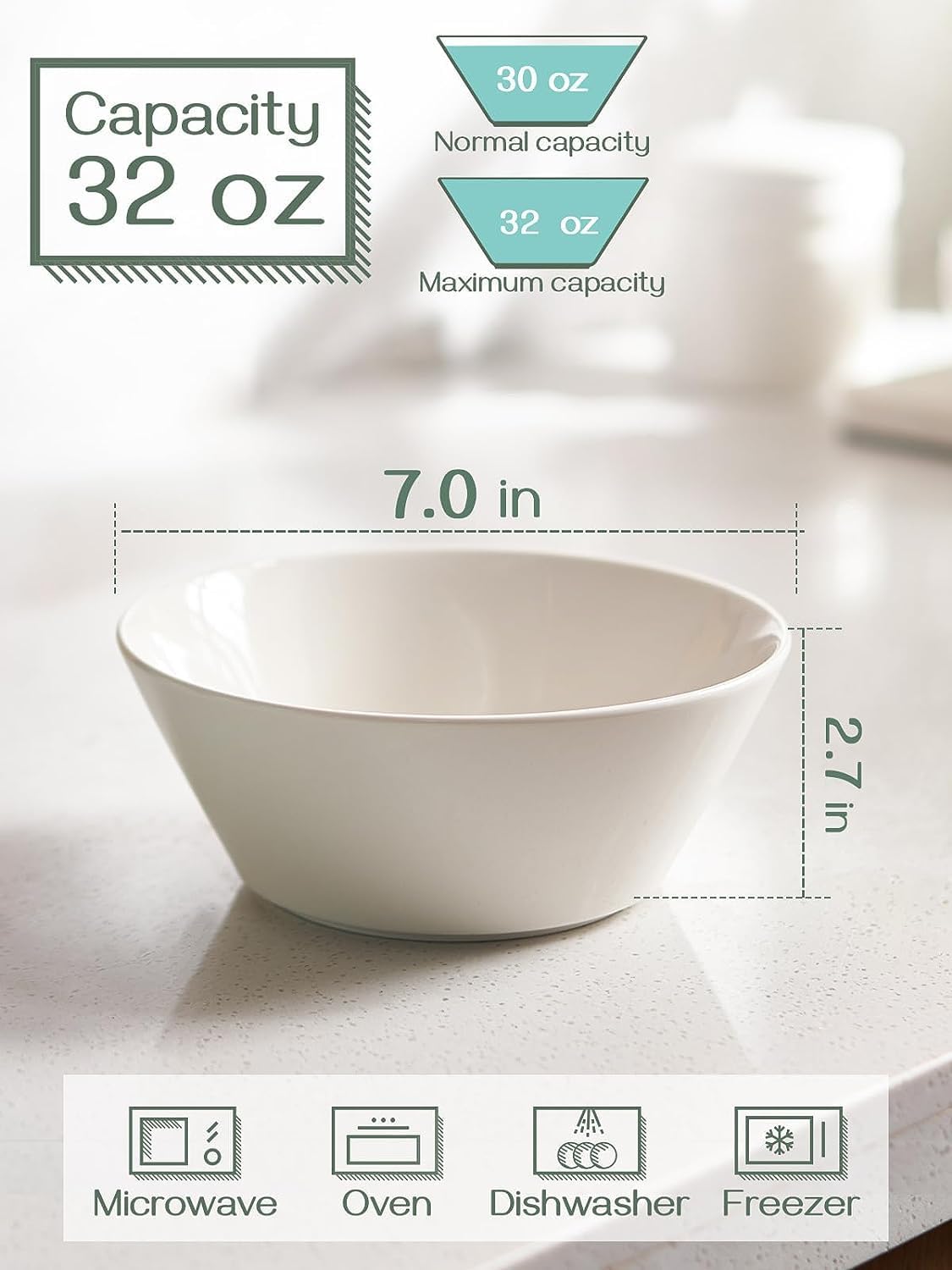DOWAN 32 OZ Large Soup Bowls Set of 4 - White Ceramic Bowls for Kitchen  Deep Bowls for Cereal  Salad  Pasta  Fruits  Ramen  Dishwasher & Microwave Safe